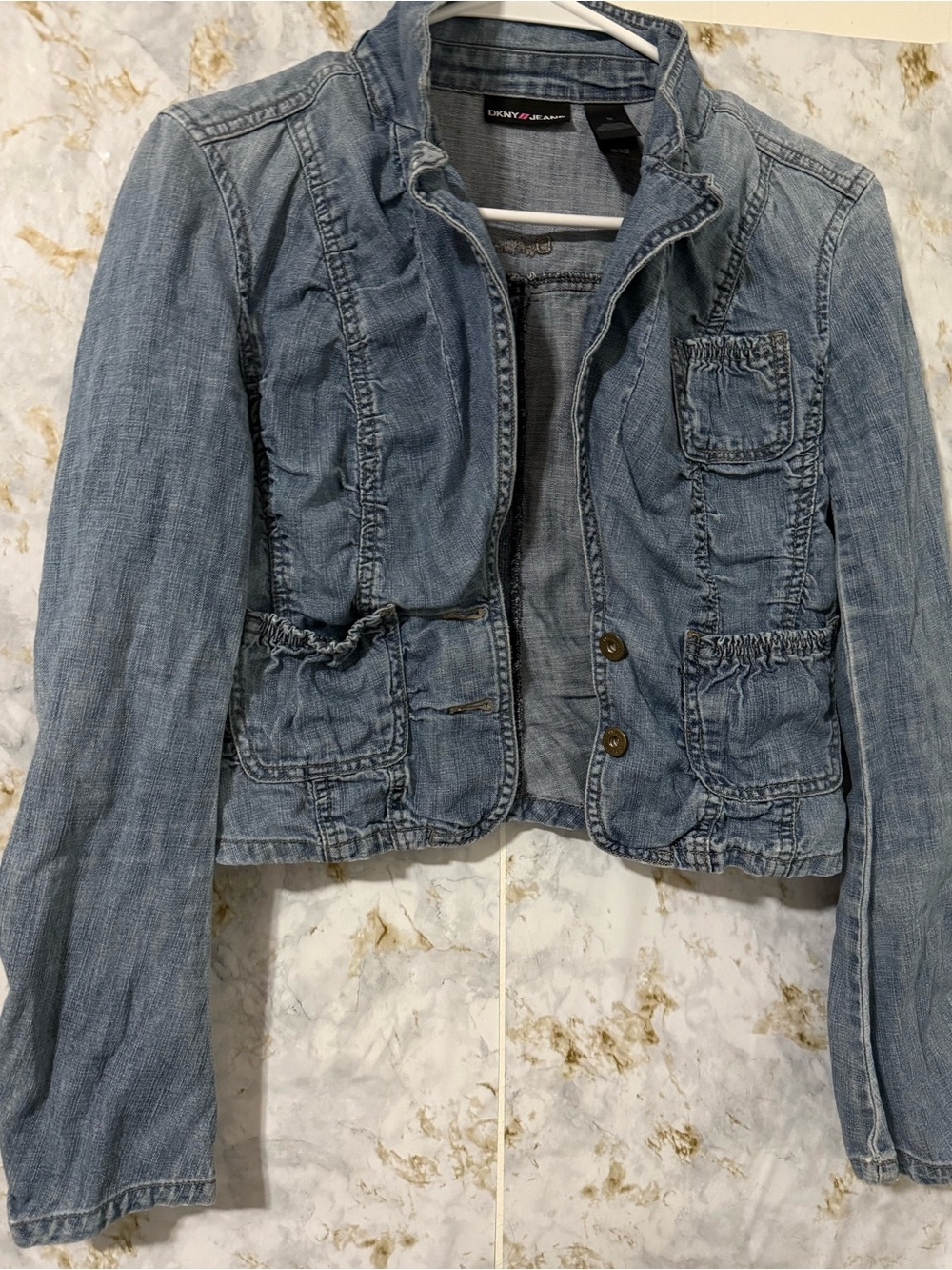 Dkny Washed Light Blue Denim Jacket with Ruched Pocket Detail